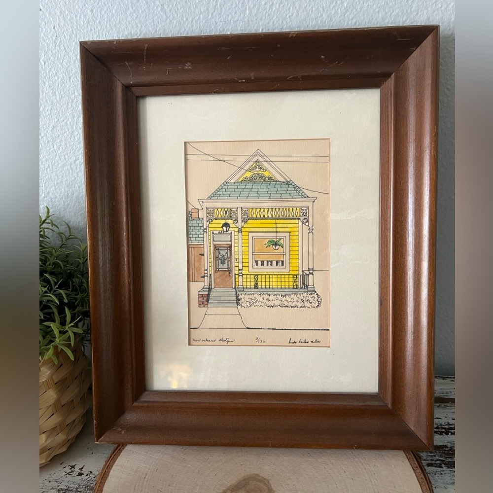 Original Signed Watercolor & Pen Row House Shotgun Framed 10x13 Linda B Miller